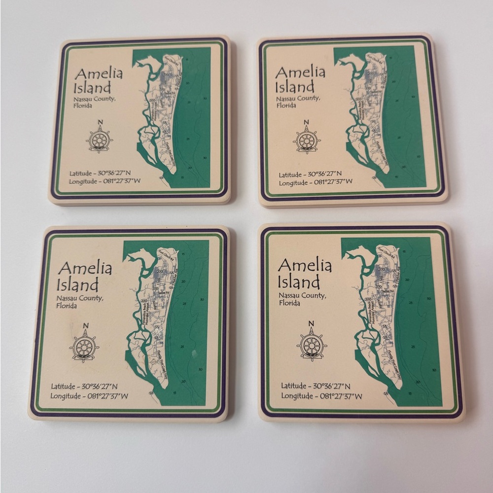 Coasterstone Absorbent Stone Coaster Cork Bottom Amelia Island,Florida Set Of 4